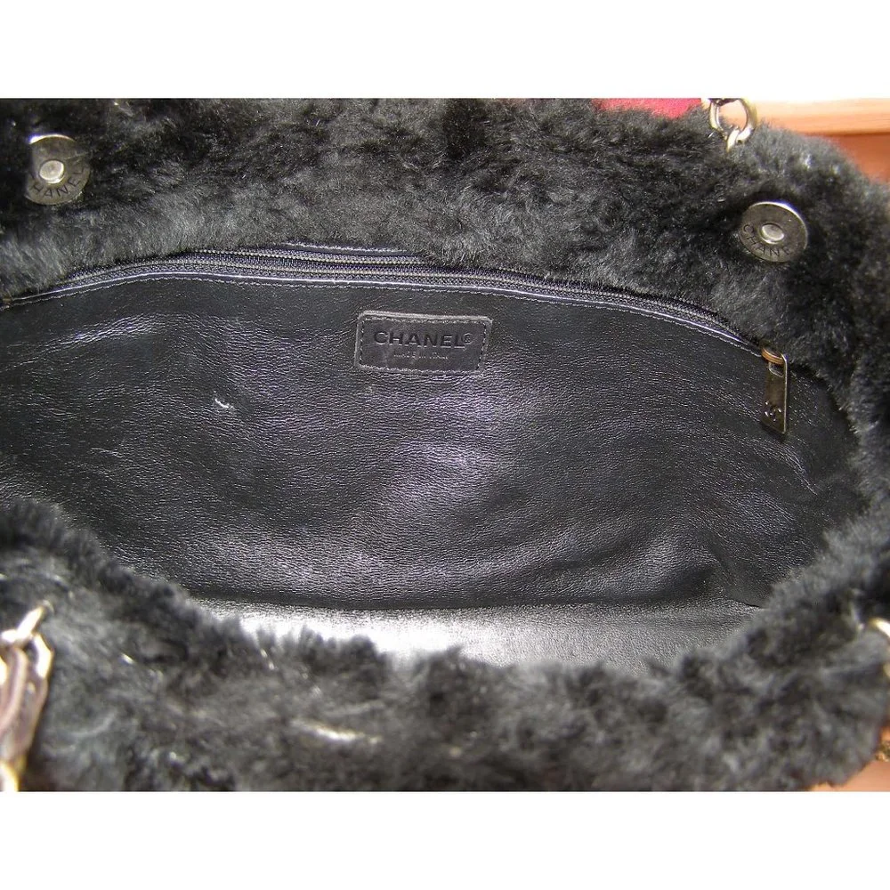 RARE CHANEL Black Fur Shoulder Bag Chain Straps CC